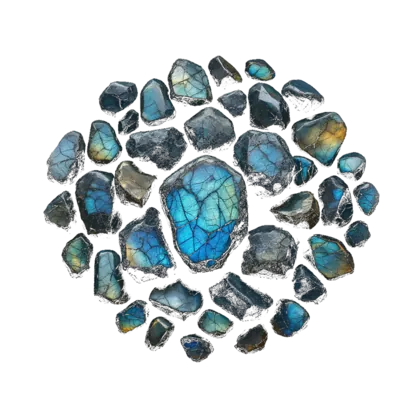 A cluster of labradorite: polished slabs and tumbled stones, storm grey flashing with peacock blue, gold and green.
