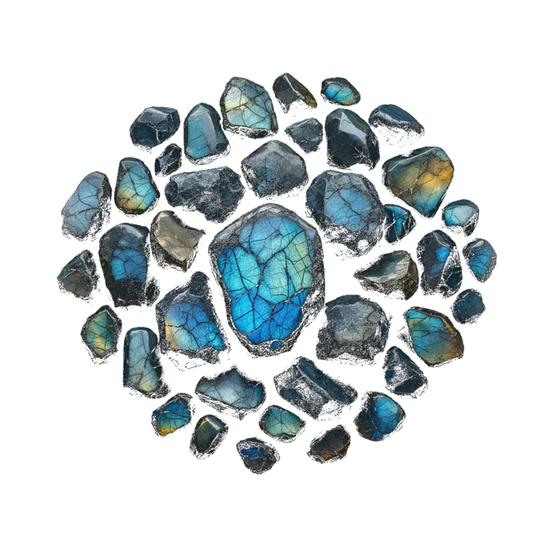 A cluster of labradorite: polished slabs and tumbled stones, storm grey flashing with peacock blue, gold and green.