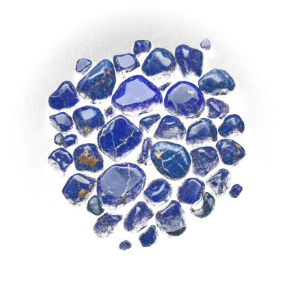 A cluster of lapis lazuli: deep blue polished pieces flecked with brassy gold pyrite and marbled with white calcite.