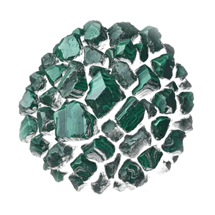 A gathered group of malachite: polished pieces banded in light and dark green concentric rings, and a rounded botryoidal specimen.