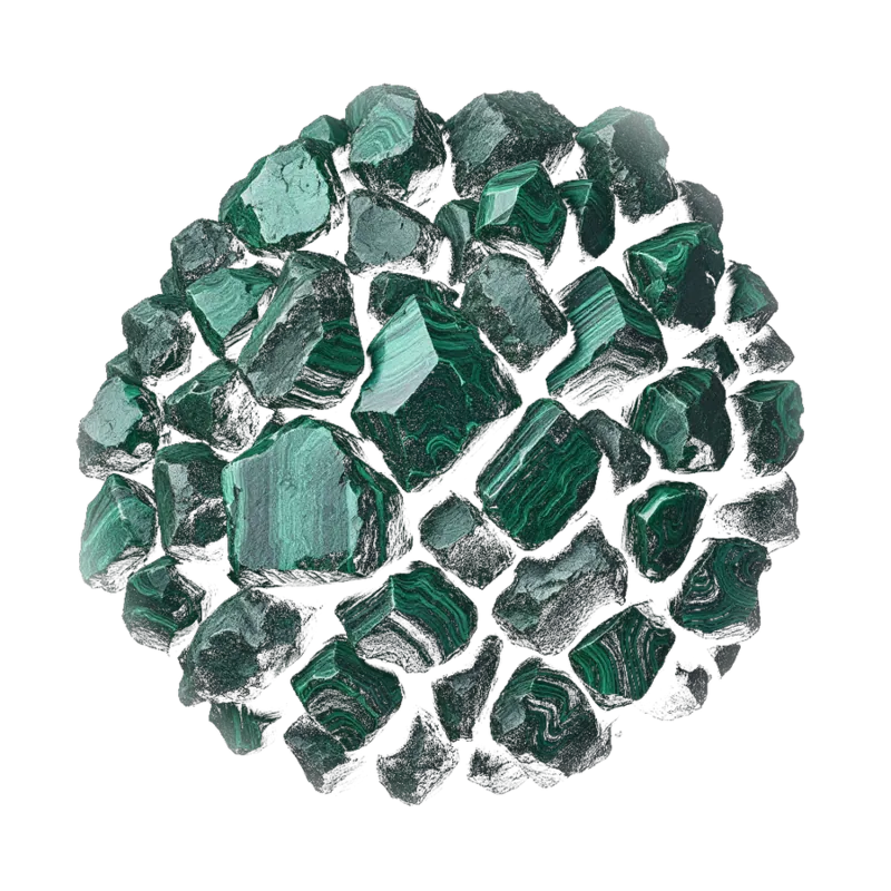 A gathered group of malachite: polished pieces banded in light and dark green concentric rings, and a rounded botryoidal specimen.