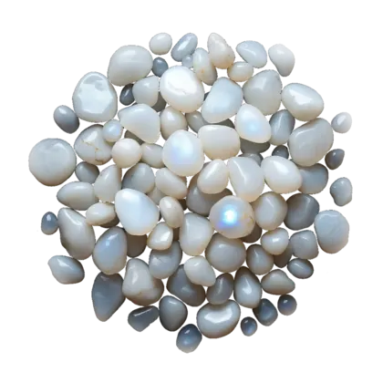 A gathered group of moonstone: pale polished cabochons and tumbled stones with a drifting blue-white sheen.