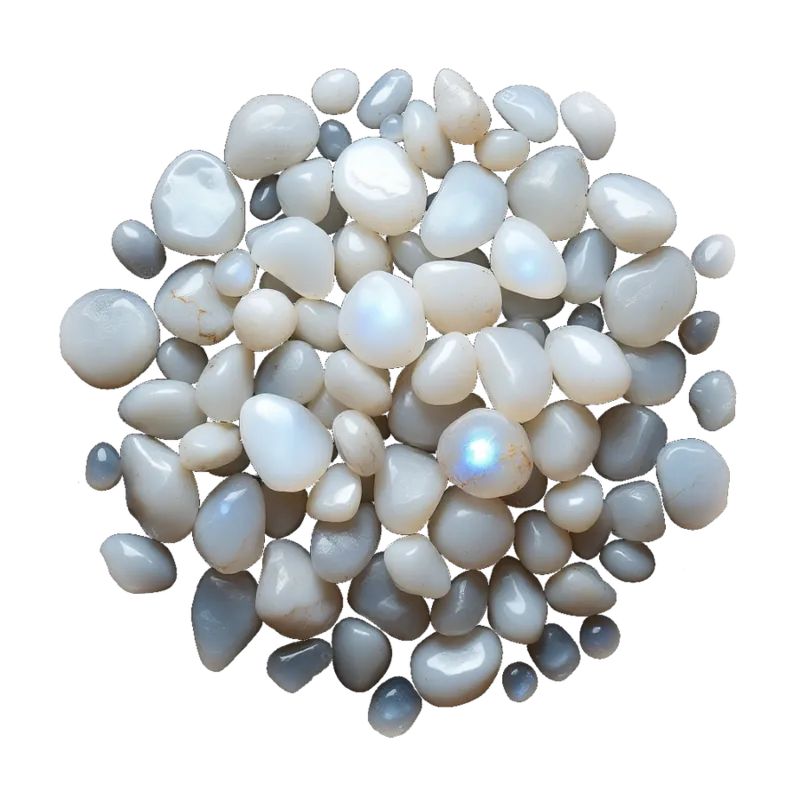 A gathered group of moonstone: pale polished cabochons and tumbled stones with a drifting blue-white sheen.