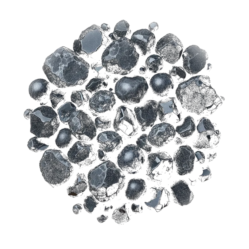 A cluster of obsidian: glossy black volcanic glass with conchoidal fracture, snowflake-patterned pieces and polished spheres.