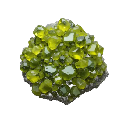 A gathered group of peridot: glassy yellow-green crystals and polished stones, oily and bright against near-black.