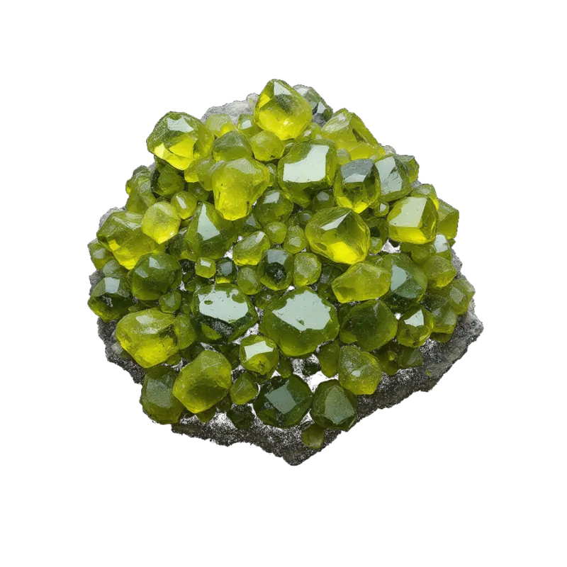 A gathered group of peridot: glassy yellow-green crystals and polished stones, oily and bright against near-black.