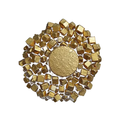 A gathered group of pyrite: brassy metallic cubes and clusters with sharp geometric faces, glinting against near-black.