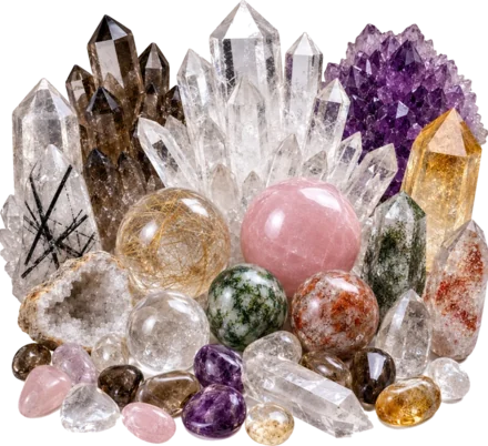 A cluster of quartz varieties — clear and smoky points, rose quartz spheres, amethyst and citrine, gathered together.