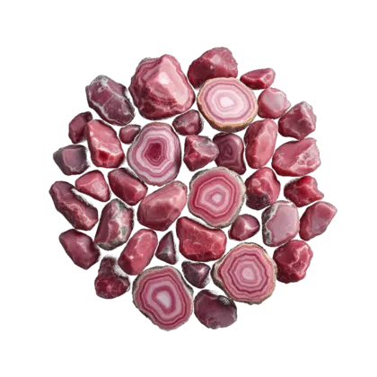 A gathered group of rhodochrosite: rose pink polished slices banded with white in concentric rings, against near-black.