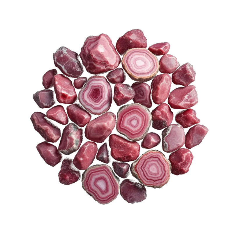A gathered group of rhodochrosite: rose pink polished slices banded with white in concentric rings, against near-black.