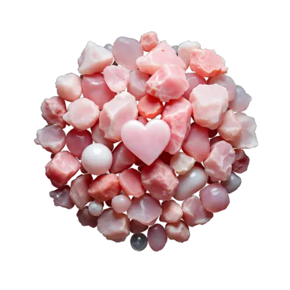 A cluster of rose quartz: raw pink chunks, polished spheres and tumbled stones, soft and milky against near-black.