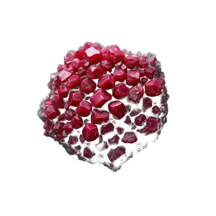 A cluster of ruby: rough red six-sided crystals in matrix and polished pieces, deep pink-red against near-black.