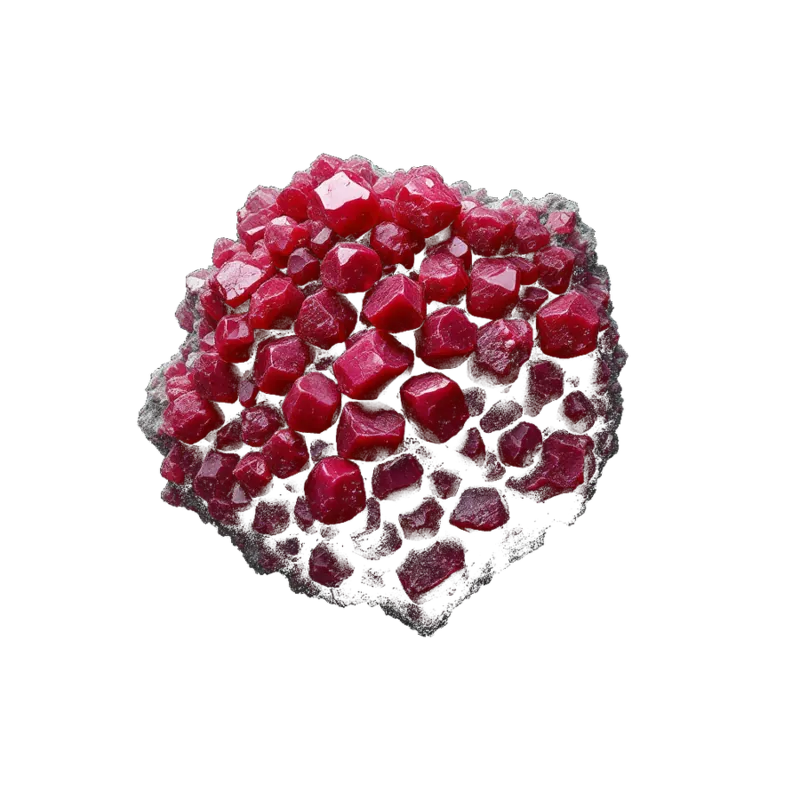 A cluster of ruby: rough red six-sided crystals in matrix and polished pieces, deep pink-red against near-black.