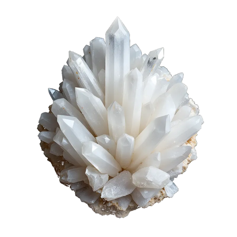 A cluster of selenite: translucent white satin-fibred wands, a desert rose and glassy sheets, luminous against near-black.