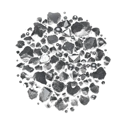 A gathered group of shungite: sooty black and silver-bright carbon pieces, polished spheres and raw chunks against near-black.
