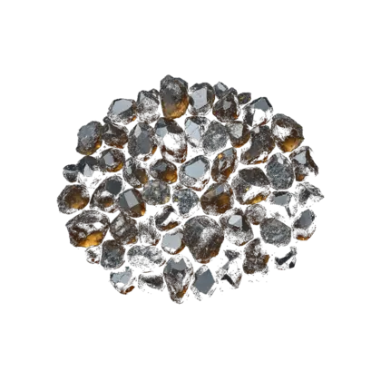 A gathered group of smoky quartz: dark brown raw points, a cluster and polished tumbled pieces, translucent against near-black.