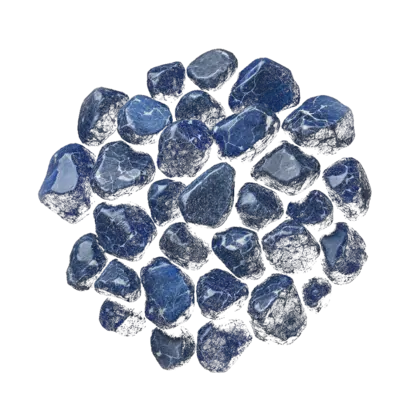 A gathered group of sodalite: royal blue polished stones veined and patched with white, opaque against near-black.