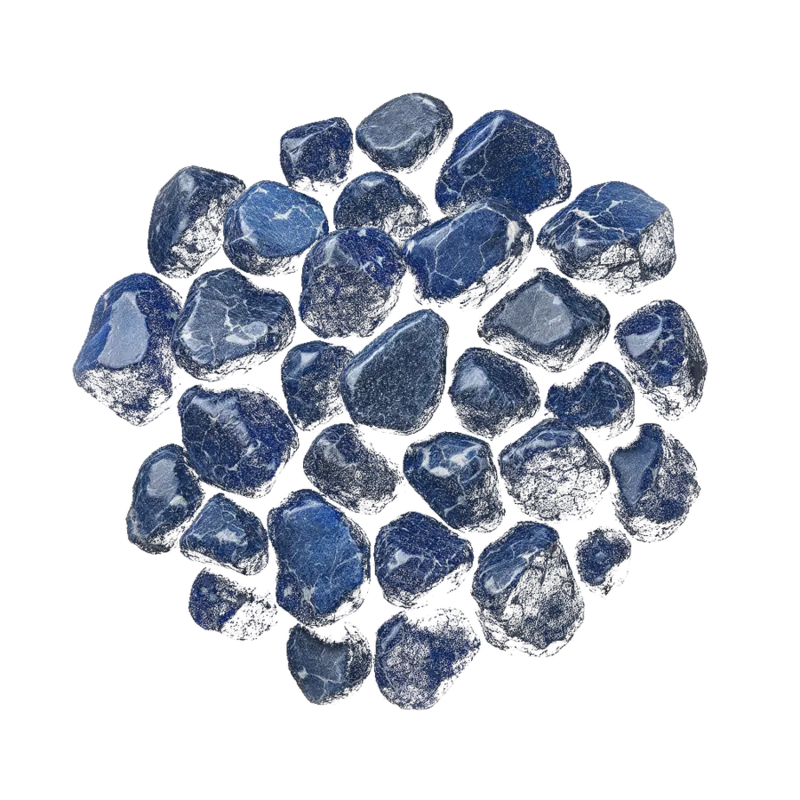 A gathered group of sodalite: royal blue polished stones veined and patched with white, opaque against near-black.