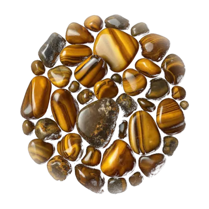 A cluster of tiger's eye: polished cabochons and tumbled stones in banded gold and brown with a silky shifting sheen.