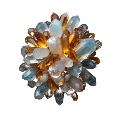 A cluster of topaz: glassy prismatic crystals and polished stones in golden sherry, pale blue and colourless tones.