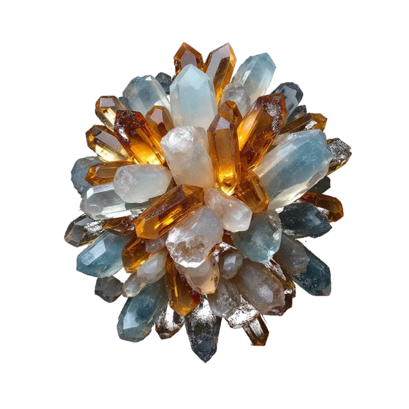A cluster of topaz: glassy prismatic crystals and polished stones in golden sherry, pale blue and colourless tones.