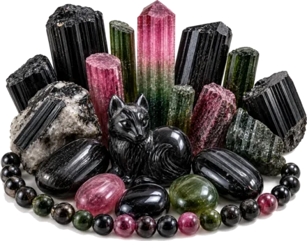 Tourmaline crystals in black, pink and green standing in matrix, with polished tourmaline beads and a carved figure at the base.