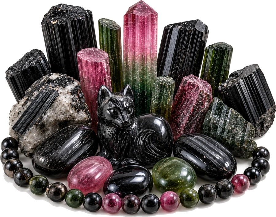 Tourmaline crystals in black, pink and green standing in matrix, with polished tourmaline beads and a carved figure at the base.