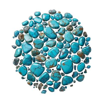A gathered group of turquoise: sky blue and blue-green polished pieces webbed with brown and black matrix veining.